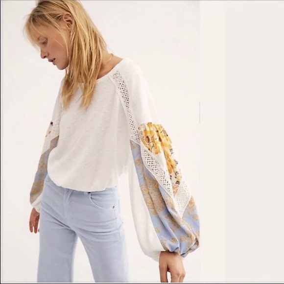 Free people, clash thermal Boho Chic White Blouse with Floral Sleeves - Picture 12 of 12